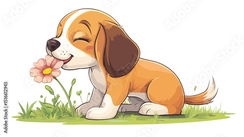 Playful Cartoon Dog Biting Flower Vector Illustration
