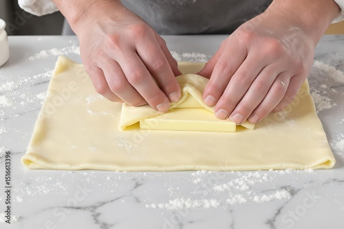 Butter Block Enrobed in Dough: Culinary Preparation on Marble Surface photo