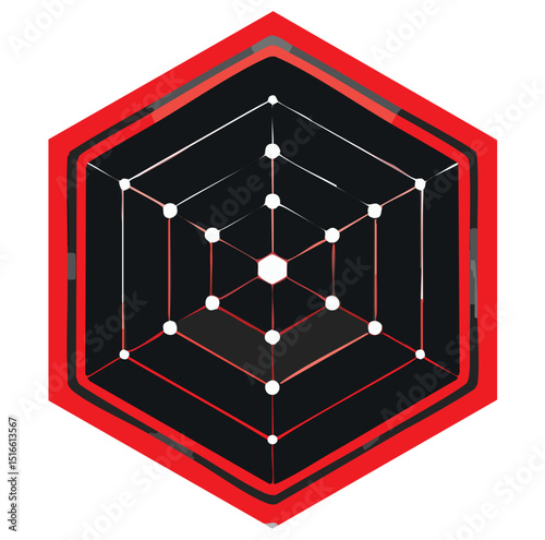 Vector Illustration of an Abstract Layered Hexagonal Structure with Dark Central Hexagon, Thin White Web, Like Lines, and Bold Red Accents in a Futuristic Isometric Style