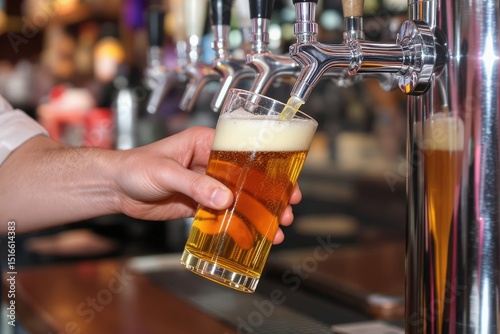 Golden beer pouring into glass from tap, held by hand, bar background