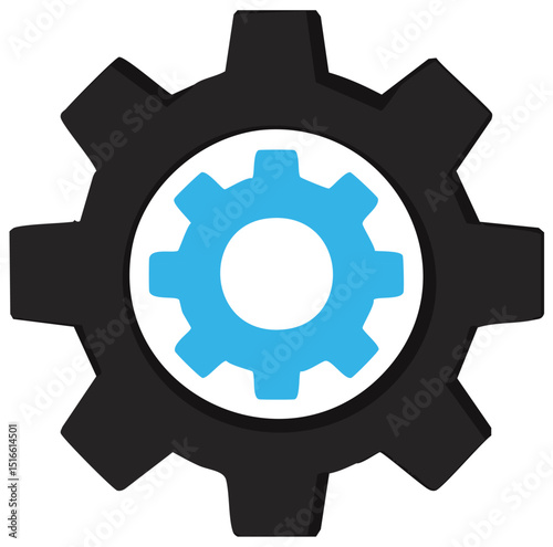 Stylized Vector Design of Two Interconnected Gears in a Minimalist Flat Style, Highlighting the Contrast Between Dark Gray and Bright Blue with Clean Lines and Subtle Shadows