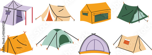 Variety of Camping Tent Designs, Colorful and Illustrated Styles, Perfect for Outdoor Adventure Themes, Vector Illustration.
