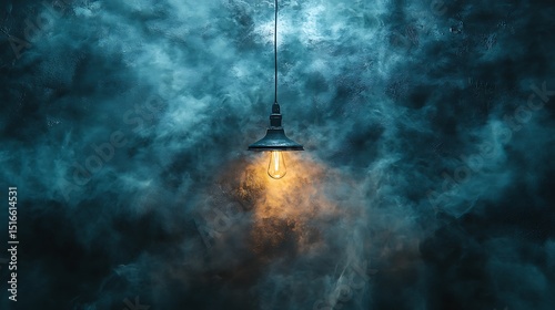 Illuminated vintage bulb emitting warm glow in smoky teal atmosphere