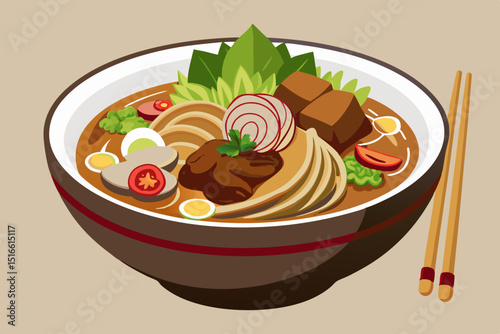 Delicious asian noodle soup with meat and vegetables
