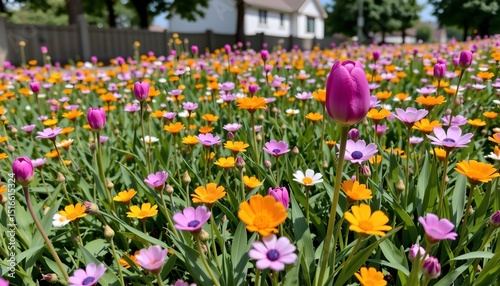 Wallpaper Mural a field of vibrant wildflowers with various shades of pink, purple, orange, and yellow. the flowers appear in full bloom, creating a colorful carpet across the ground Torontodigital.ca