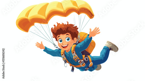 Joyful Cartoon Boy Skydiving on White Background
