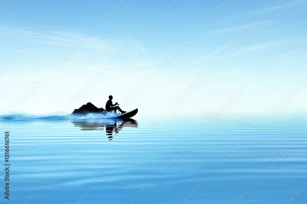 Fototapeta premium Silhouette of Person on Jet Ski on Calm Blue Water Under Pale Sky