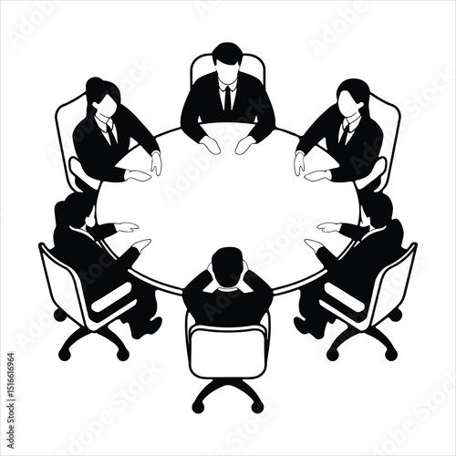 Business Team Meeting Around Round Table . Corporate Discussion Silhouette Vector.