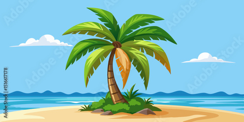 Single palm tree on sandy beach island tropical scene