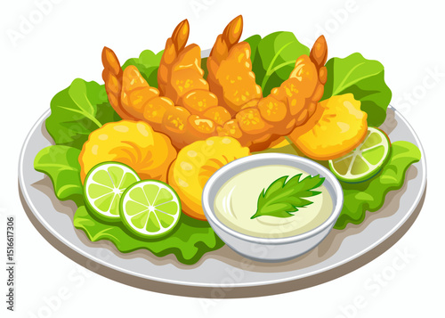 Delicious fried shrimp with lime and creamy sauce