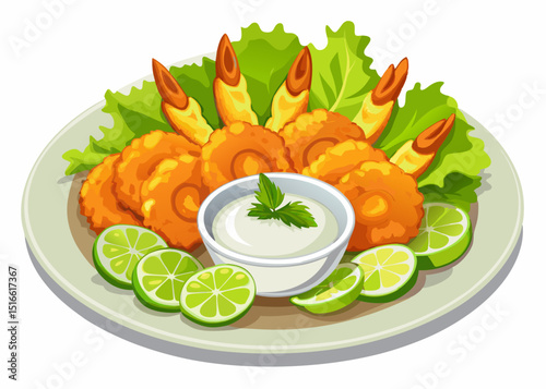 Delicious fried shrimp with lime and creamy sauce