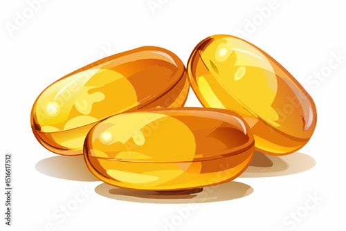 Three shiny golden omega 3 fish oil capsules