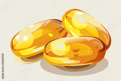 Three shiny golden omega 3 fish oil capsules