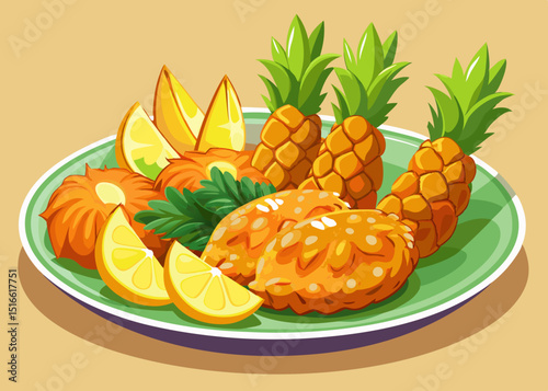 Delicious tropical fruit platter with fried pineapple