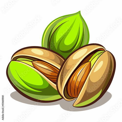 Fresh pistachios with shell and leaf illustration