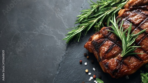 Closeup topdown shot of perfectly grilled sirloin steak with rich marbling, garnished with fresh rosemary and herbs, on dark slate surface with salt and pepper, highlighting juicy texture and appetiz photo