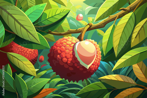 Fresh lychee fruit on branch in lush tropical foliage