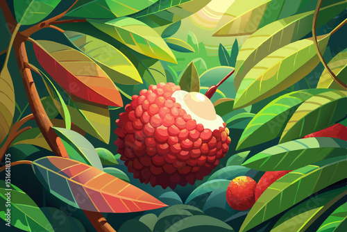Fresh lychees growing on lush tropical tree