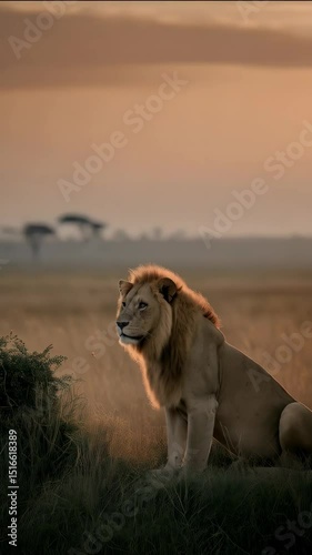 Majestic male lion sits attentively in tall grass at sunset in a misty African landscape, with golden light and a single tree on the horizon.