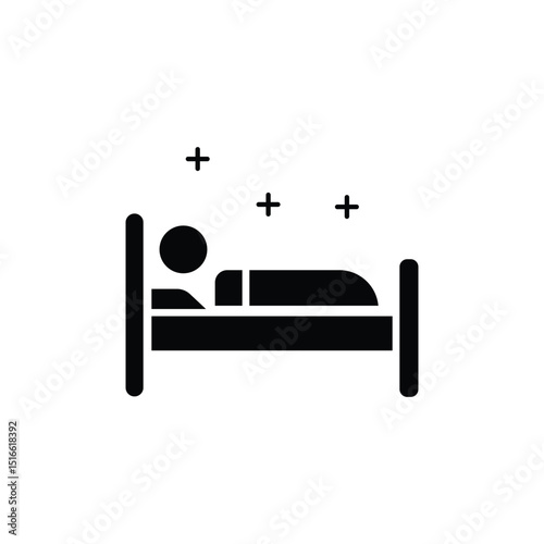 Simple black icon of a person sleeping in a bed, symbolizing rest and relaxation.