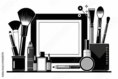 Makeup brushes and cosmetics on vanity with frame