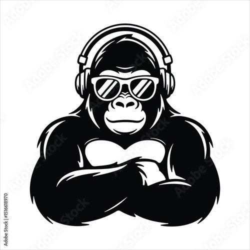 Cool Gorilla Mascot Wearing Headphones and Sunglasses. Hipster DJ Ape Vector Logo.
