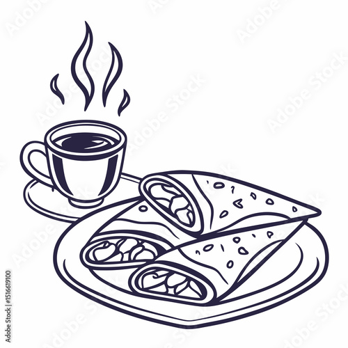 Vector illustration of fish on a plate with hot espresso coffee mug