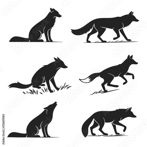 fox icon set of 6 silhouette icon vector on white .eps