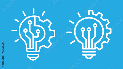 Light Bulb with Gear Symbols for Idea & AI. Innovation Icon Set Vector – Light Bulb with Cogwheel, Inspiration Symbol. Blue background	