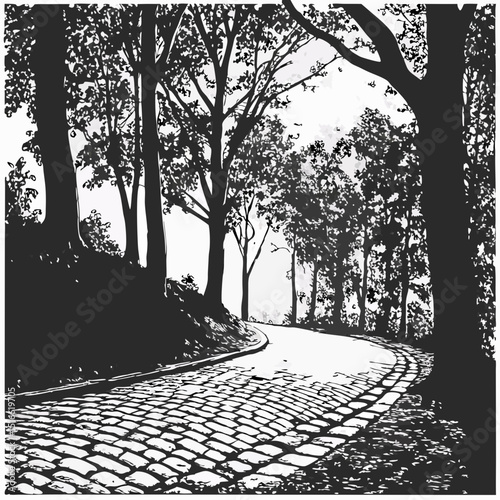 Cobblestone Road Winding Through a Lush Forest Black and White Illustration