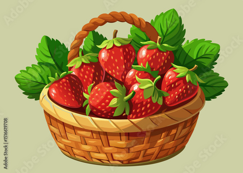 Fresh ripe strawberries in a woven basket