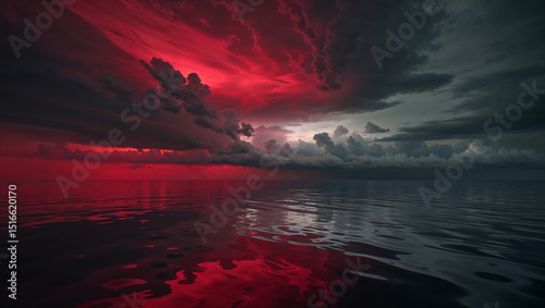 Dramatic red and grey clouds reflecting on calm ocean at sunset
