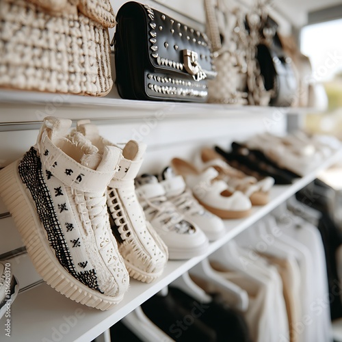 Stylish Shoe & Bag Display in White Closet