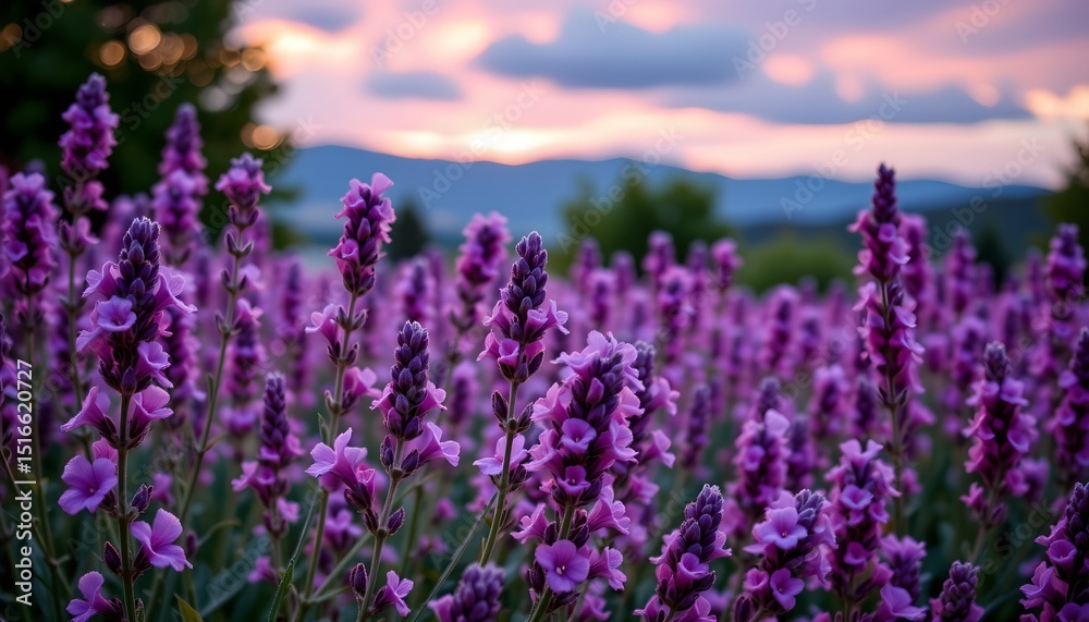 Obraz premium a serene pastoral scene at sunset. purple wildflowers are in full bloom, creating a lush carpet across the foreground of the image