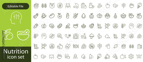 Nutrition set of web icons in line style. Healthy food linear icon collection. Containing food, vegetables, water, palm oil free, сaunt calories, zero trans fat, probiotics and more.