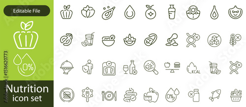 Nutrition set of web icons in line style. Healthy food linear icon collection. Containing food, vegetables, water, palm oil free, сaunt calories, zero trans fat, probiotics and more.