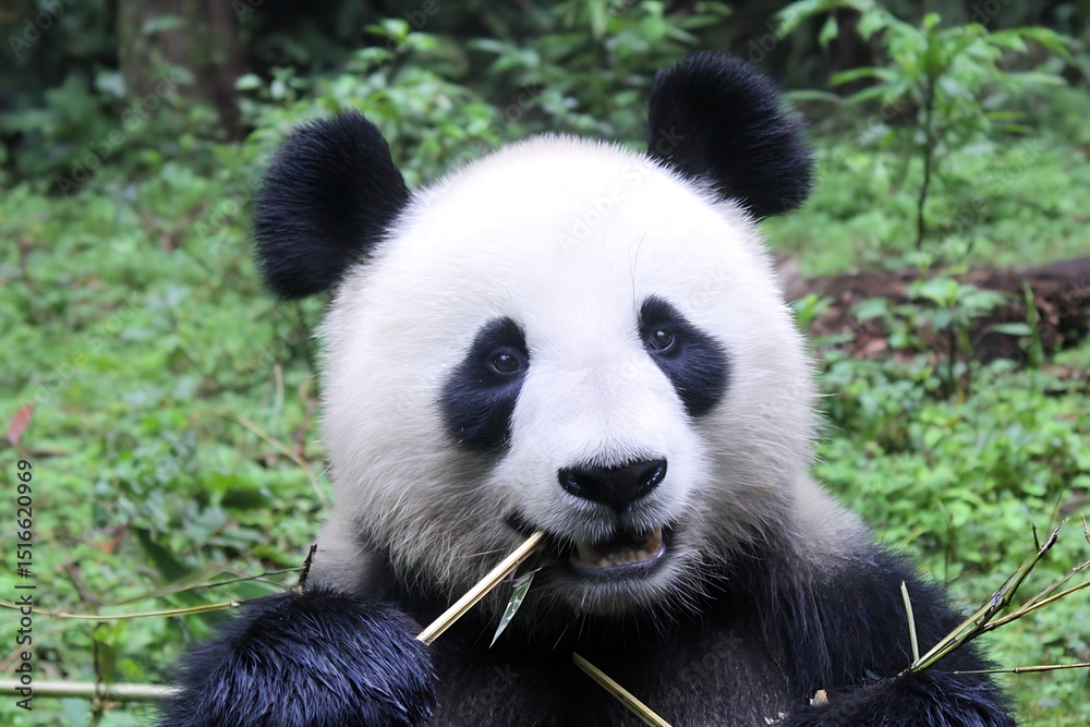 Fototapeta premium Panda enjoying bamboo snack in nature