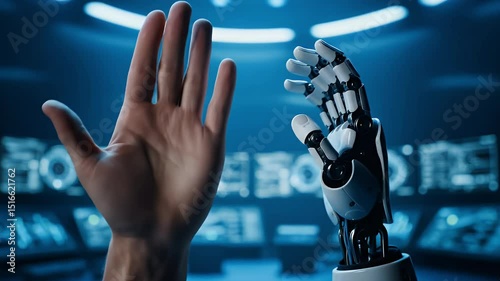 Human fist and robot hand facing each other in a futuristic blue lit control room environment