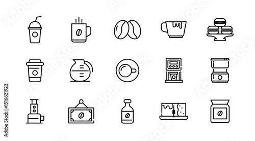 Coffee linear icon set. Latte, drink, coffee beans, roasting, breakfast, morning tea, coffee shop, mug, cup, coffee machine, sugar, caffeine, outline icon collection. UI thin vector icon pack