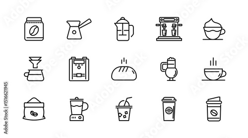 Coffee linear icon set. Latte, drink, coffee beans, roasting, breakfast, morning tea, coffee shop, mug, cup, coffee machine, sugar, caffeine, outline icon collection. UI thin vector icon pack