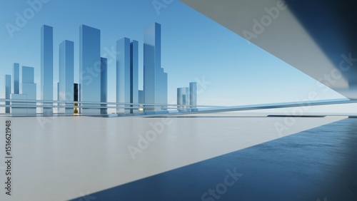 Fototapeta Naklejka Na Ścianę i Meble -  Futuristic city landscape, 3d illustration of abstract architecture backdrop with empty concrete floor for car presentation, Glass buildings against blue sky background