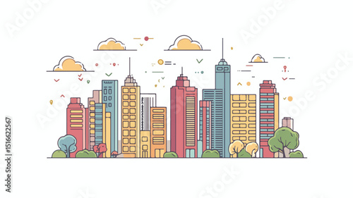 Modern City Panorama in Linear Flat Design Vector Image