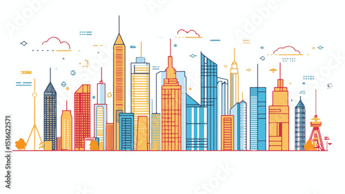 Modern City Panorama in Linear Flat Design Vector Image