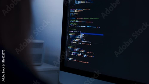 Close up of Computer Monitor Showing line of code with female Software Developer Writing code program. Professional female programmer typing on computer for software, Website, SaaS development project