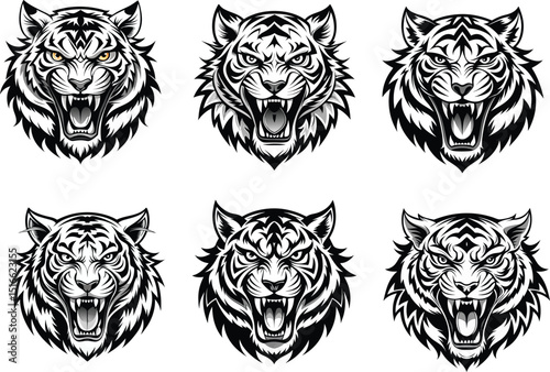 Tribal Tiger Head Roar – Bold Black & White Vector Art