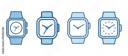 Smartwatch vector outline icon set. Wearable device wristwatch clipart for tech UI/UX. Transparent background