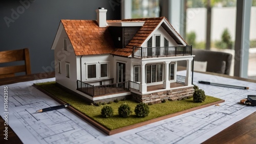 Architectural model of a modern suburban house sitting on floor plans