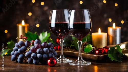 Christmas red wine and grapes with burning candles creating festive atmosphere