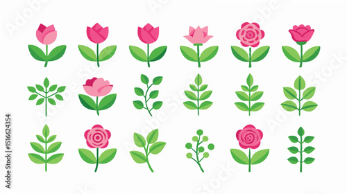 Create a clean, modern set of 16 icons representing Set of floral branch. Flower pink rose, green leaves. Wedding concept with flowers. Floral poster set. Arrange them in a 6x6 grid with consistent si