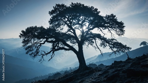 Lonely pine tree growing on mountain ridge at sunrise with misty blue hills in background